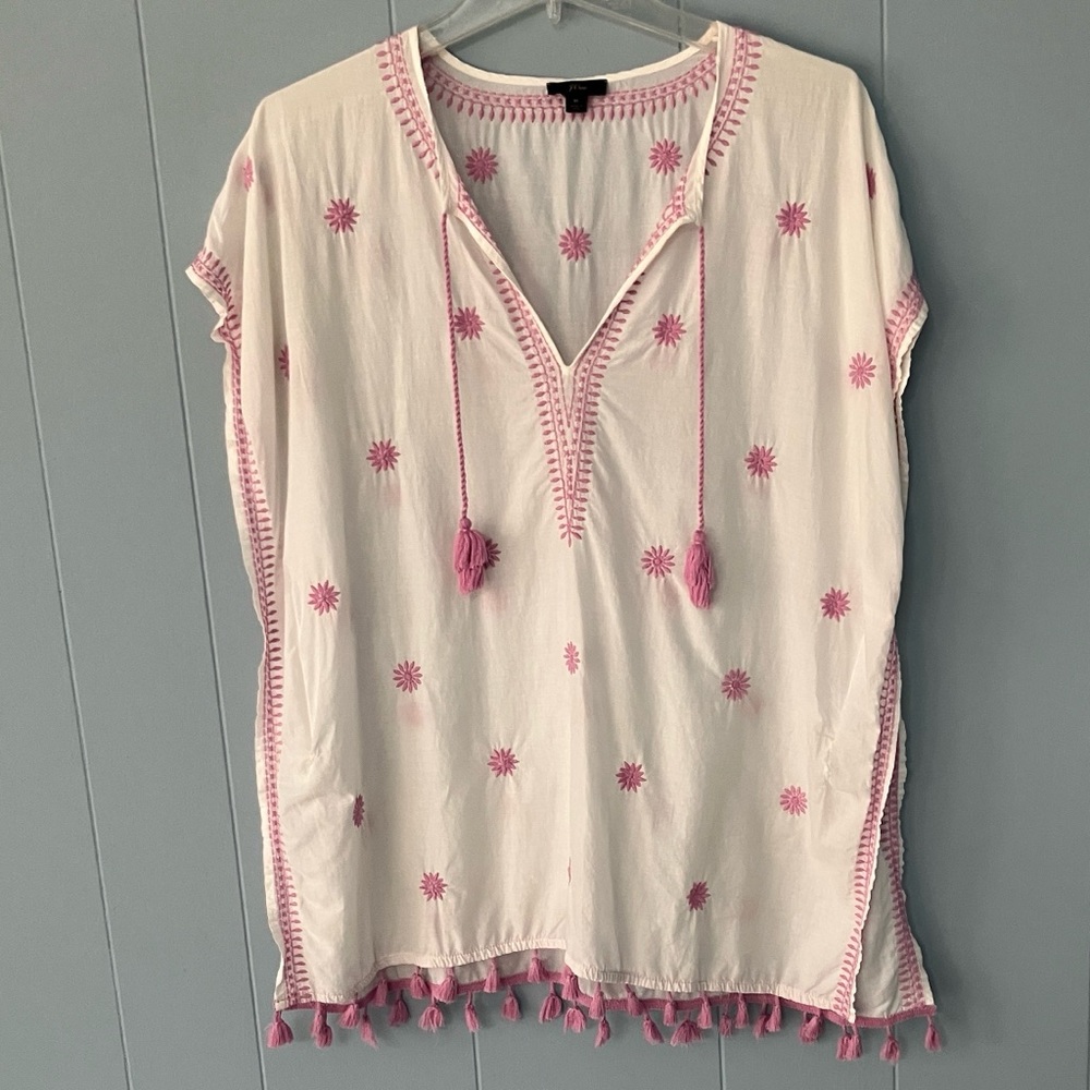 J Crew M Tunic Swim Coverup White With Pink Embroidery Tassels Open Neck Caftan